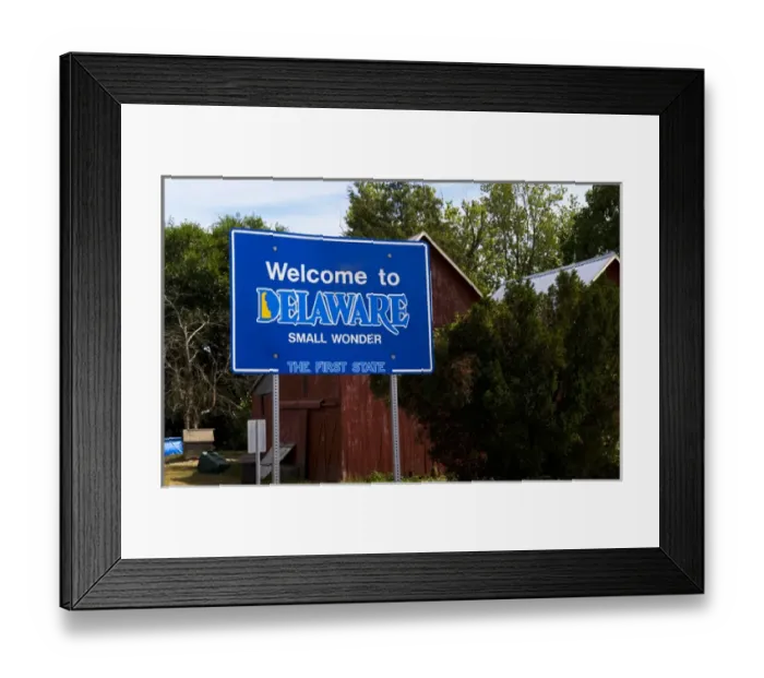 Framed Print : Welcome to Delaware road sign, the first state that was ratified in 1787 Framed Print : Welcome to Delaware road sign, the first state that was ratified in 1787