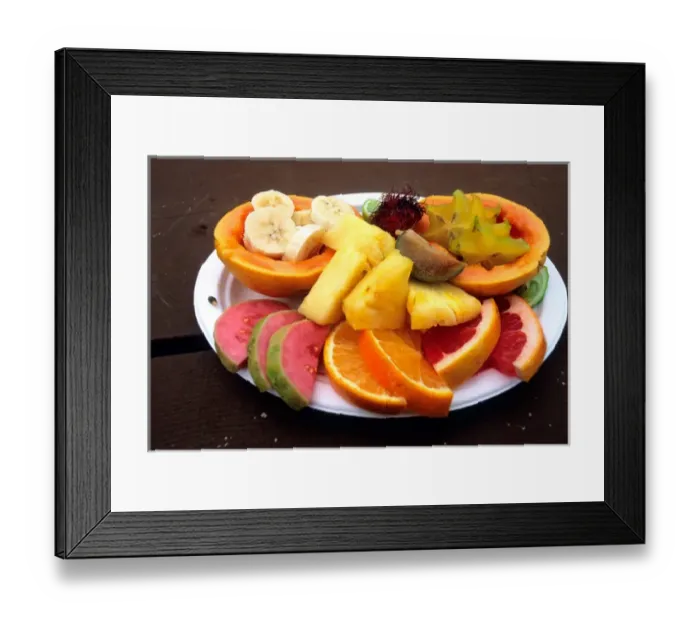 Framed Print : NA, USA, Hawaii. A fruit plate: Pappaya, fig, orange, pineapple, bannana, guava, star fruit
