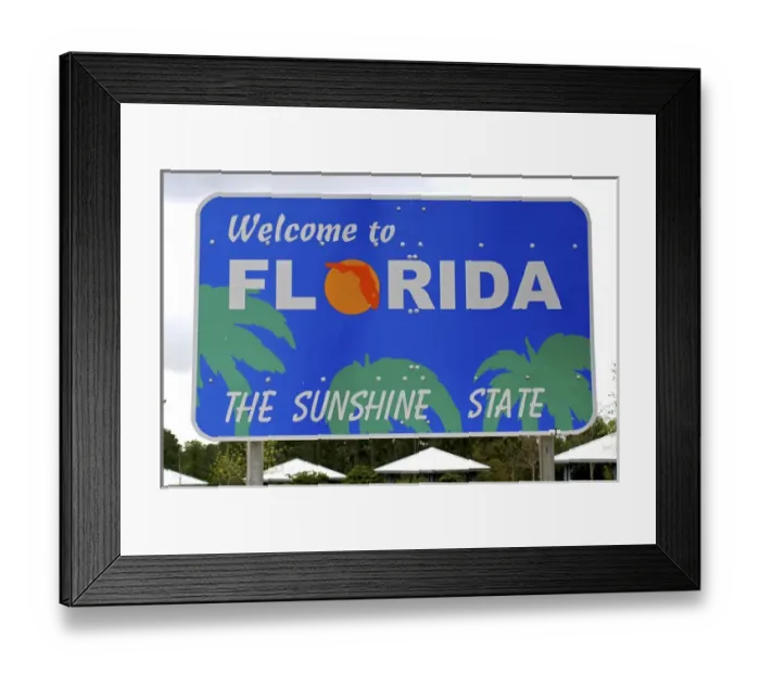 Framed Print : Welcome to Florida the Sunshine State highway sign Gulf Breeze Florida