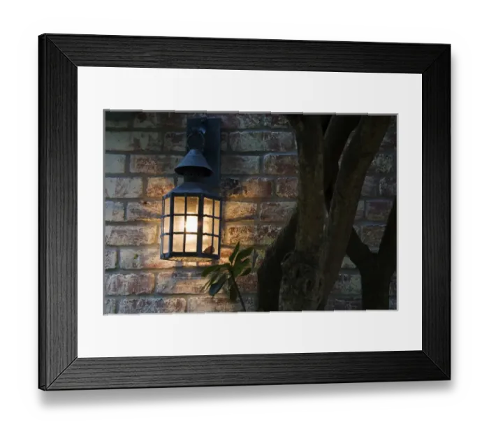 Framed Print : North America, USA, Georgia, Savannah. Lantern on a brick wall of a home in historical