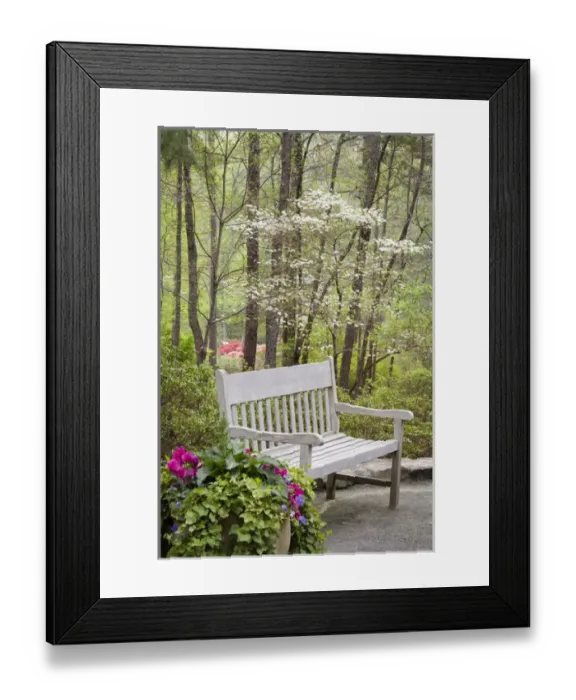 Framed Print : North America, USA, Georgia, Pine Mountain. Sitting bench in garden