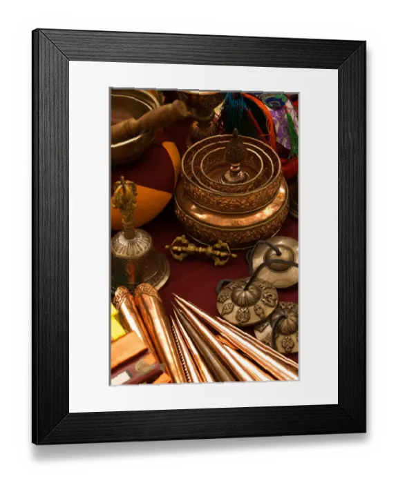 Framed Print : USA; Georgia; Savannah; Copper utensils used by Tibetan Monks