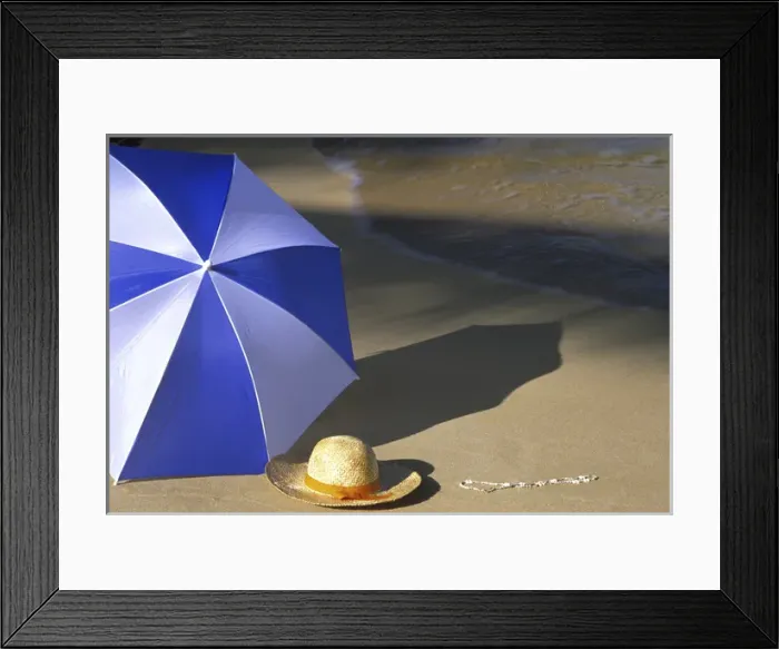 Framed Print : N. A. USA, Maui, Hawaii. Umbrella and hat on beach cove
