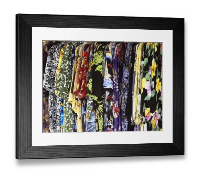 Framed Print : Colorful aloha shirts in quaint Honomu on Hawaii, the Big Island, in Hawaii
