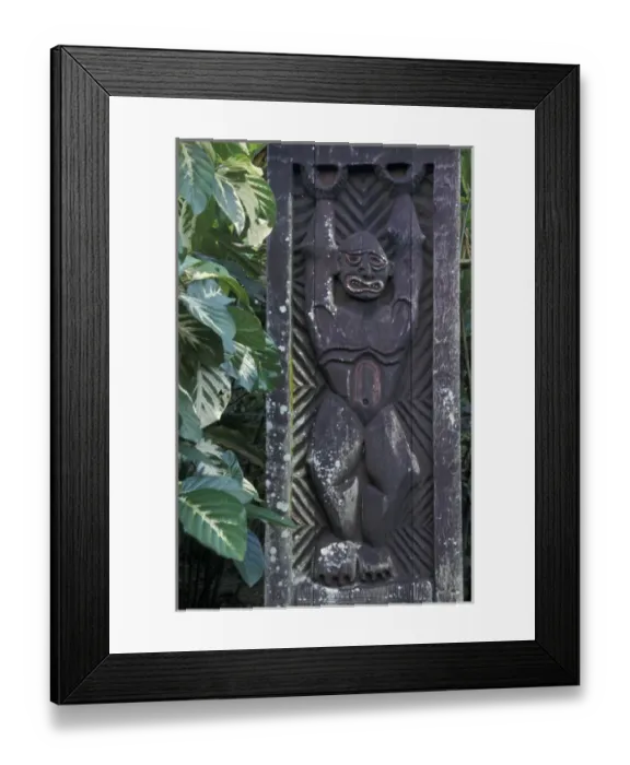 Framed Print : Hawaii, Kauai Traditional wood carving and tree