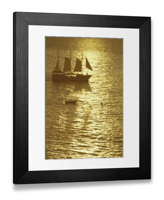 Framed Print : N. A. USA, Hawaii, Maui Sailboat in golden sea at sunset