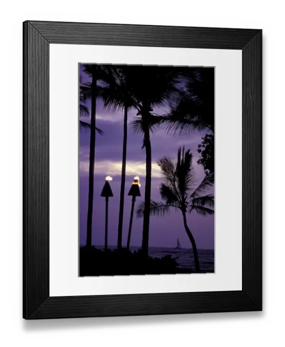 Framed Print : N. A. USA, Hawaii, Big Island Palm trees and tiki torches at dusk Framed Print : N. A. USA, Hawaii, Big Island Palm trees and tiki torches at dusk