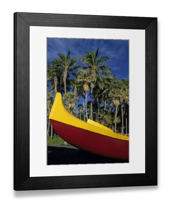 Framed Print : USA, Hawaii, Big Island, Punalu u Black Sand Beach, outrigger and palms Framed Print : USA, Hawaii, Big Island, Punalu u Black Sand Beach, outrigger and palms