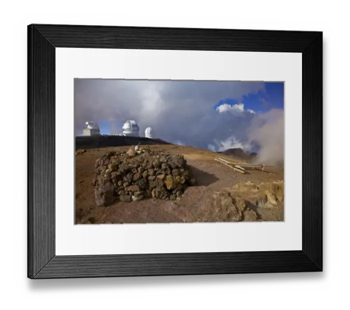 Framed Print : A traditional offering to the gods on the summit of Mauna Kea, with Keck Observatory