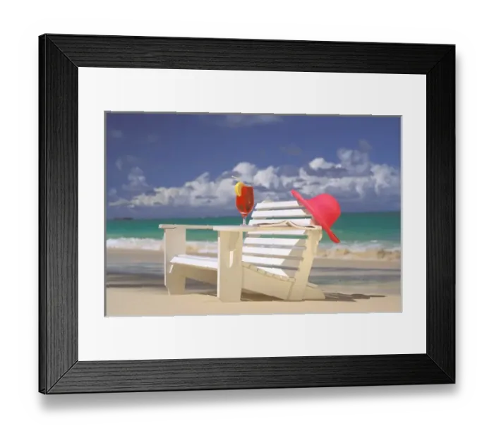 Framed Print : USA, Hawaiian Islands. Beach chair, cocktail and sun hat Framed Print : USA, Hawaiian Islands. Beach chair, cocktail and sun hat