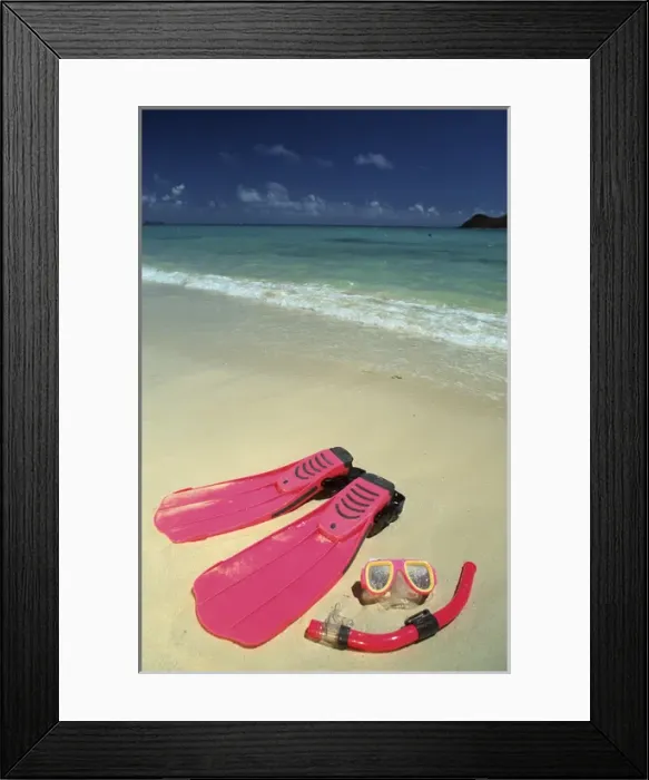 Framed Print : North America, USA, Hawaii. Snorkel gear on beach