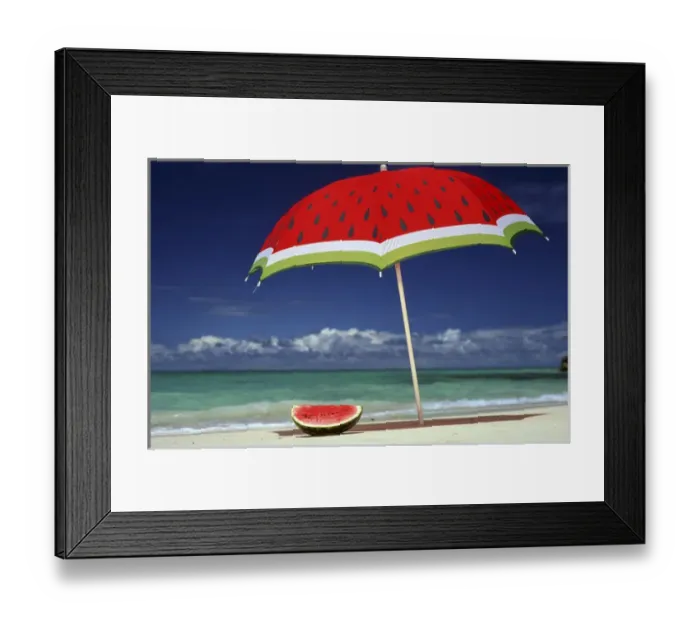 Framed Print : North America, USA, Hawaii. Watermelon and matching umbrella on beach Framed Print : North America, USA, Hawaii. Watermelon and matching umbrella on beach