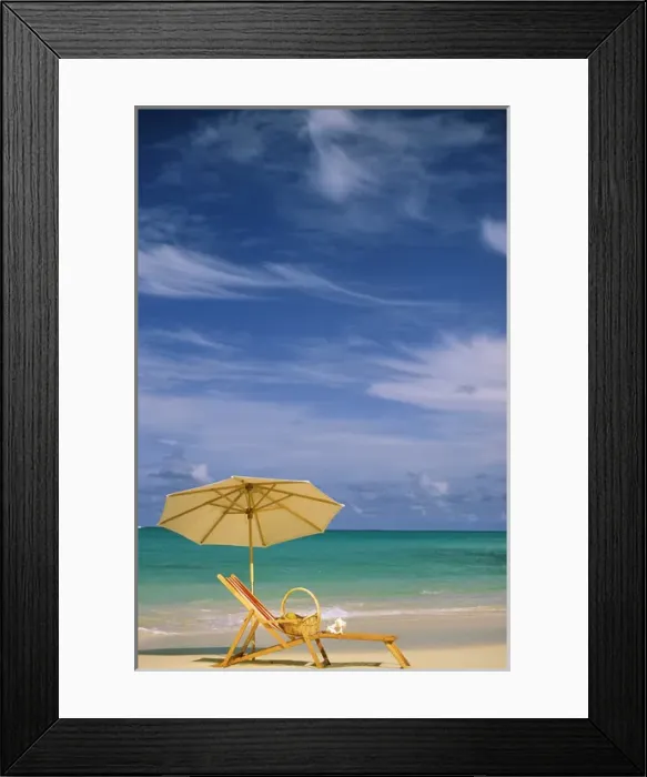 Framed Print : USA, Hawaii. Beach chair and umbrella
