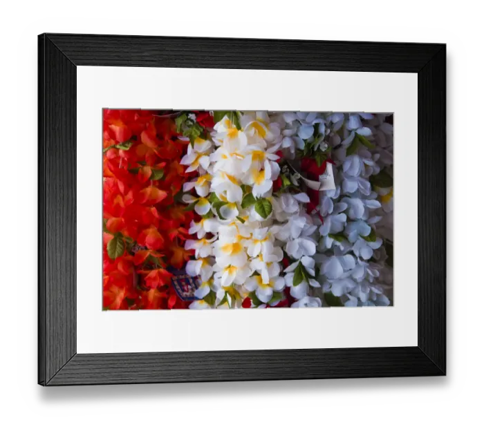 Framed Print : USA, Hawaii. Colorful lei hanging at an outdoor market
