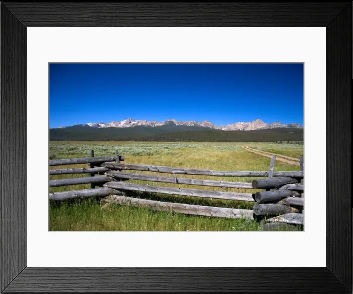 Framed Print : Sawtooth Mountains and rail fence at Stanley Basin, Idaho