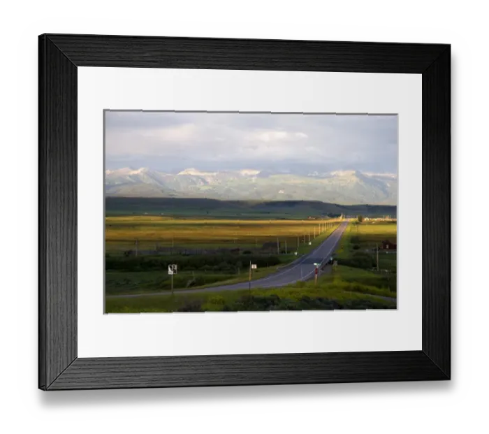 Framed Print : Idaho Highway 33 in Teton County with Teton Mountains near sunset looking east