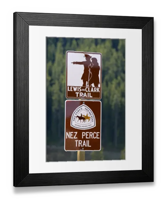 Framed Print : Road sign showing the Lewis and Clark Trail and the Nez Perce Trail in Idaho Framed Print : Road sign showing the Lewis and Clark Trail and the Nez Perce Trail in Idaho