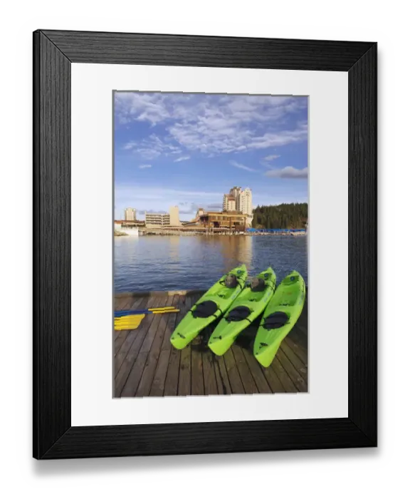 Framed Print : USA, Idaho, Coeur d Alene. Kayaks await the guests at the Coeur d Alene Resort