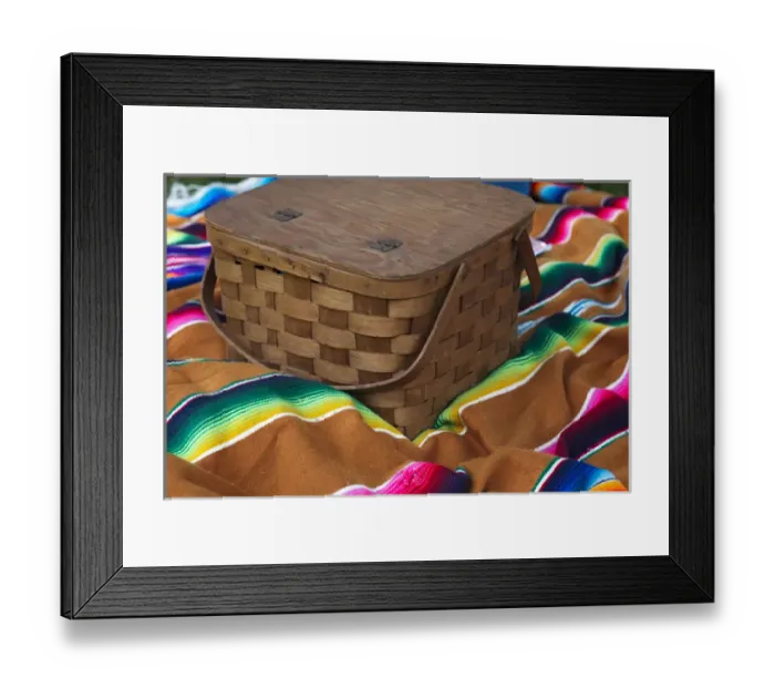 Framed Print : USA, Indiana, Indianapolis. Close-up of picnic basket and colorful blanket. Credit as Framed Print : USA, Indiana, Indianapolis. Close-up of picnic basket and colorful blanket. Credit as