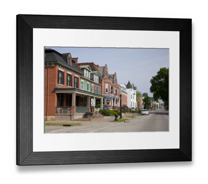 Framed Print : IA, Dubuque, Specialty Shops in historic buildings, on Bluff Street, built in 1800 s