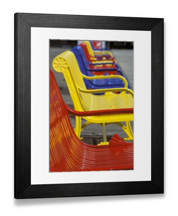 Framed Print : North America, USA, Kansas, Wichita. Colorful metal benches Framed Print : North America, USA, Kansas, Wichita. Colorful metal benches