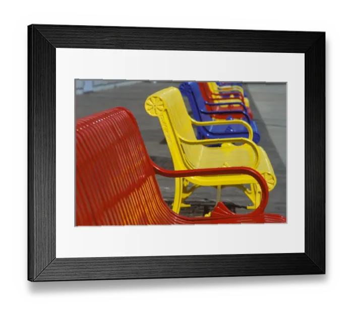 Framed Print : North America, USA, Kansas, Wichita. Colorful metal benches Framed Print : North America, USA, Kansas, Wichita. Colorful metal benches