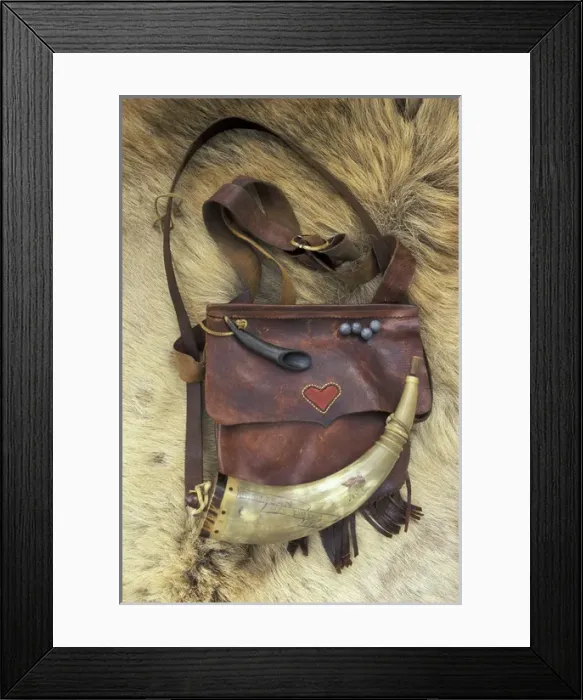 Framed Print : NA, USA, Kentucky Powder horn, waist pouch, measuring horn and ammunition typical