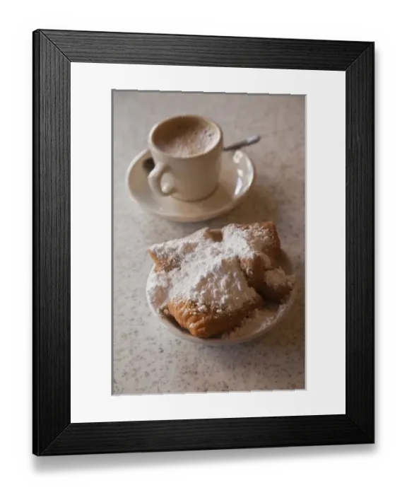 Framed Print : USA, Louisiana, New Orleans. French Quarter, beignets and cafe au lait at Cafe Du Monde Framed Print : USA, Louisiana, New Orleans. French Quarter, beignets and cafe au lait at Cafe Du Monde