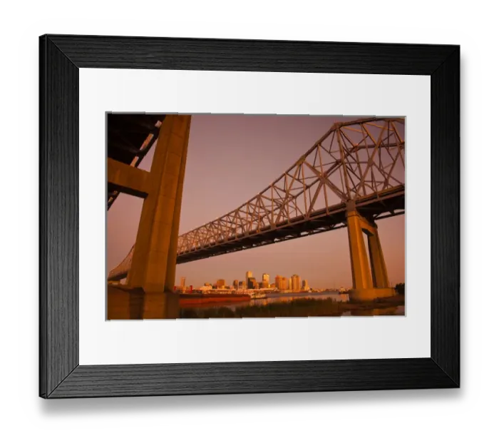 Framed Print : USA, Louisiana, New Orleans. Skyline from the Greater New Orleans Bridge and Mississippi River