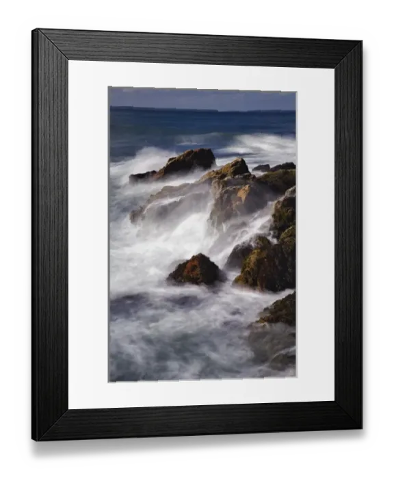 Framed Print : Long exposure of wave crashing against rocky coastline, Acadia National Park, Maine