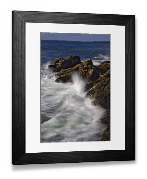 Framed Print : Long exposure of wave crashing against rocky coastline, Acadia National Park, Maine