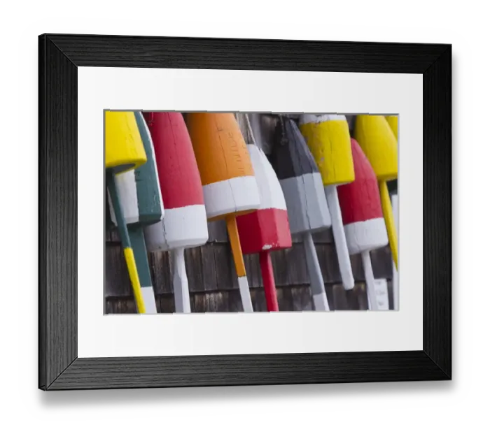 Framed Print : Colorful lobster buoys hang from harbor deck in Bernard, Maine, USA Framed Print : Colorful lobster buoys hang from harbor deck in Bernard, Maine, USA
