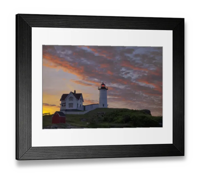 Framed Print : Sunrise skies over Nubble aka Cape Neddick Lighthouse in York, Maine, USA