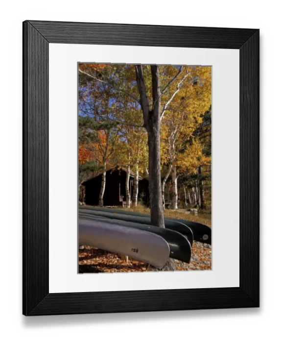 Framed Print : Lower South Branch Pond, Baxter S. P. ME. Canoeing. Camping. Canoes wait to be used