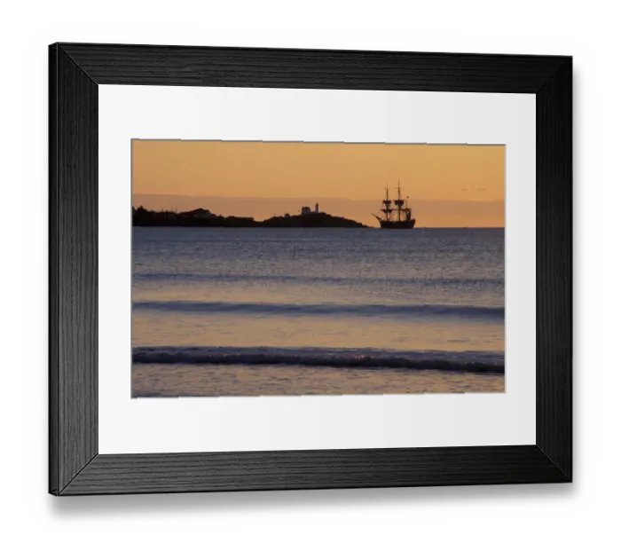 Framed Print : Cape Nedick Light and a replica of Captain Cooks S. S. Endeavor. York, ME Framed Print : Cape Nedick Light and a replica of Captain Cooks S. S. Endeavor. York, ME