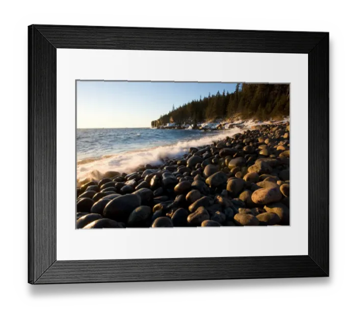 Framed Print : Surf washes over the cobblestones in Monument Cove in Maines Acadia National Park