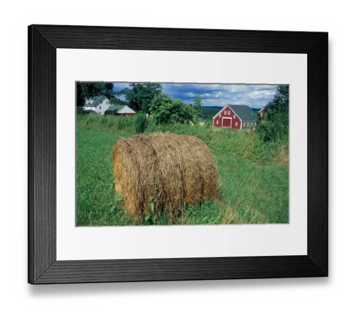 Framed Print : New Gloucester, ME A bale of hay in a field near the barn at the Sabbathday Lake