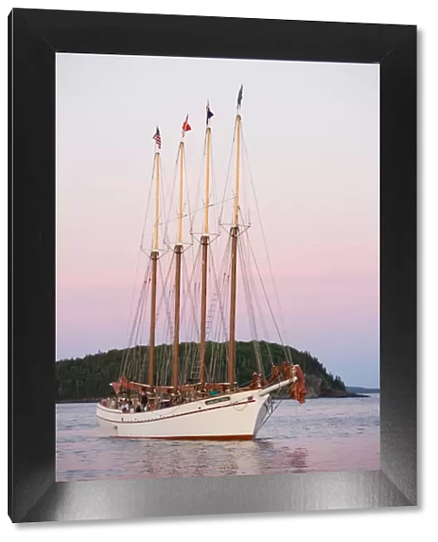 The four masted schooner, Margaret Todd, sets sail in Frenchman Bay. Bar Harbor, Maine