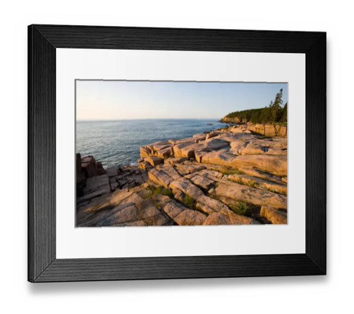 Framed Print : Early morning on the pink granite ledges of the rocky coast of Maine USA