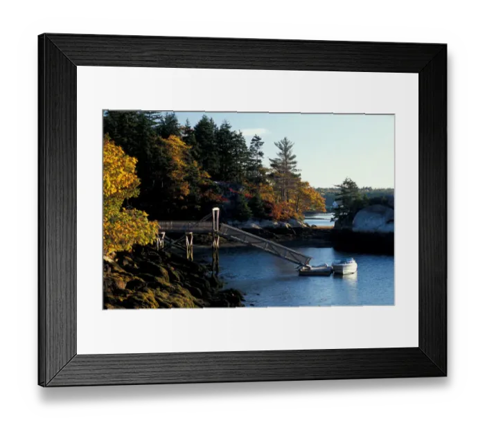 Framed Print : Barters Island, Boothbay, ME A private boat dock next to the Porter
