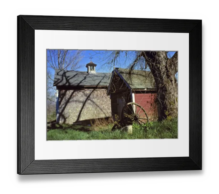 Framed Print : USA, Maine, Boothbay Harbor. Wooden farm buildings are decorated by the shadows of Framed Print : USA, Maine, Boothbay Harbor. Wooden farm buildings are decorated by the shadows of