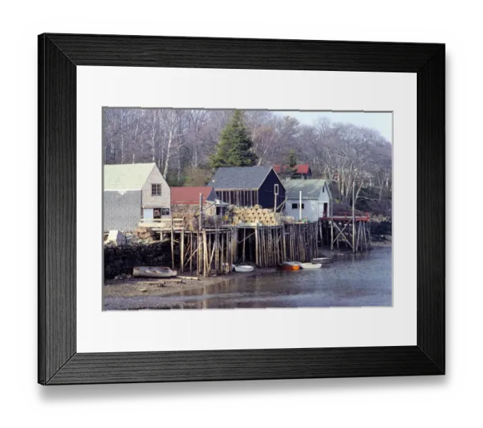 Framed Print : USA, Maine, Acadia NP. Lobster traps are stacked on the piers in a village near Acadia