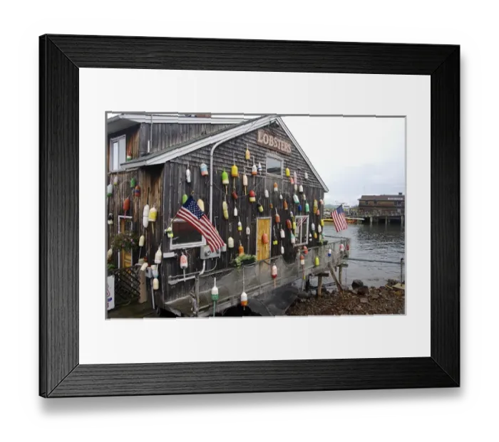 Framed Print : North America, USA, Maine, Bar Harbor. A seafood restaurant on the water decorated