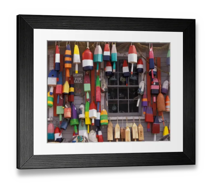 Framed Print : North America, USA, Maine, Newcastle lobster buoys and shop
