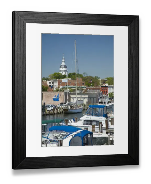 Framed Print : Annapolis city docks, with historic State Capitol Building in distance (also known as State House)