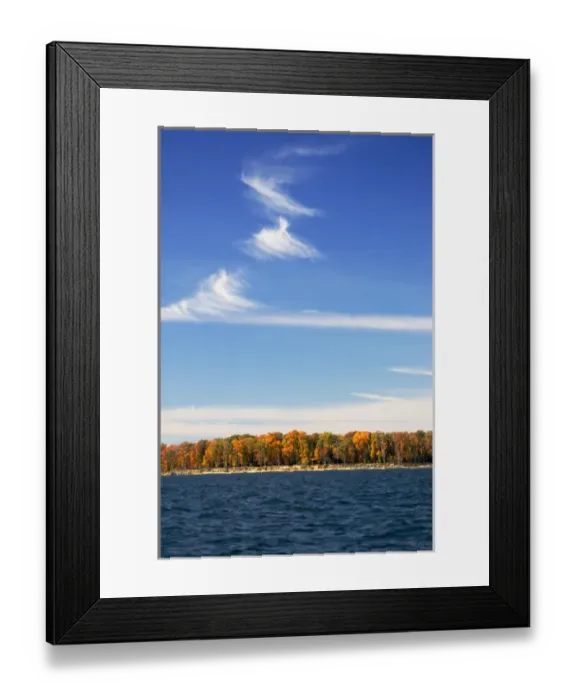 Framed Print : MARYLAND. USA. Cirrus fibratus clouds above colorful foliage & Chesapeake Bay in autumn Framed Print : MARYLAND. USA. Cirrus fibratus clouds above colorful foliage & Chesapeake Bay in autumn