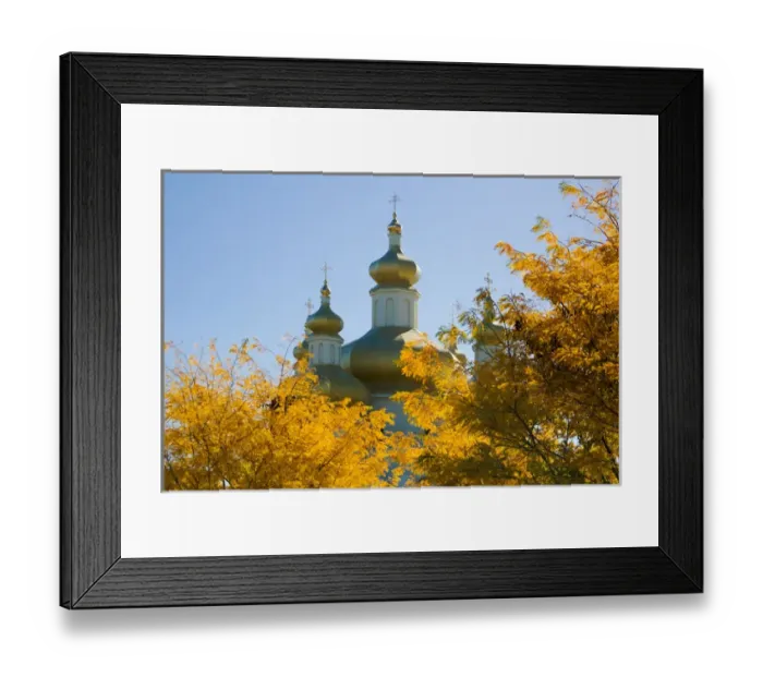 Framed Print : BALTIMORE, MARYLAND. USA. Domes of St. Michael Ukranian Orthodox Church rise above trees in autumn