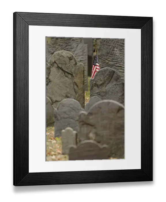 Framed Print : American flag in cemetery, South Burying Place, Concord, Massachusetts Framed Print : American flag in cemetery, South Burying Place, Concord, Massachusetts