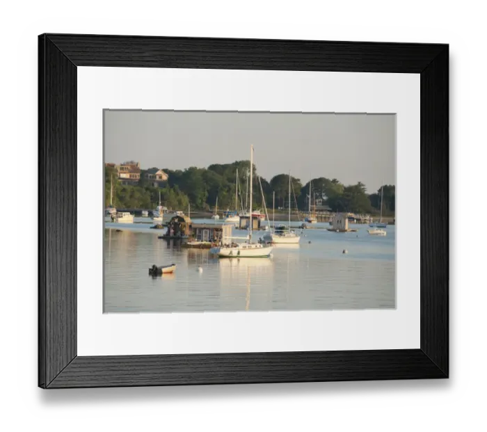 Framed Print : Massachusetts, Woods-Hole. Idyllic Woods-Hole harbor and houseboat