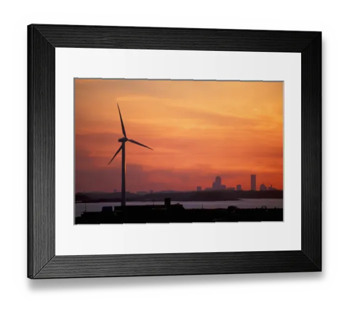 Framed Print : Wind Turbine in Hull, Massachusetts. The Boston skyline is in the distance. Sunset Framed Print : Wind Turbine in Hull, Massachusetts. The Boston skyline is in the distance. Sunset
